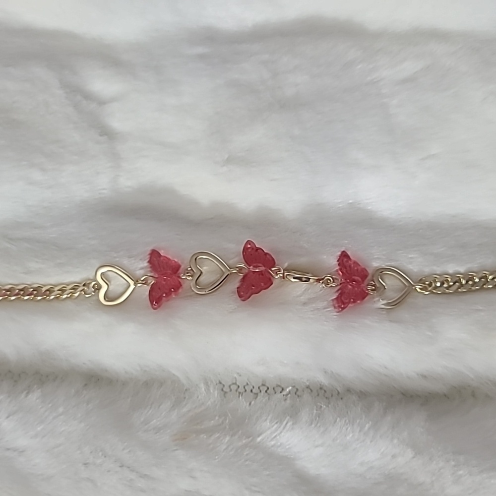 NEW - Pretty Bird Real Gold Plated Hearts and Red Butterflies Bracelet 8”